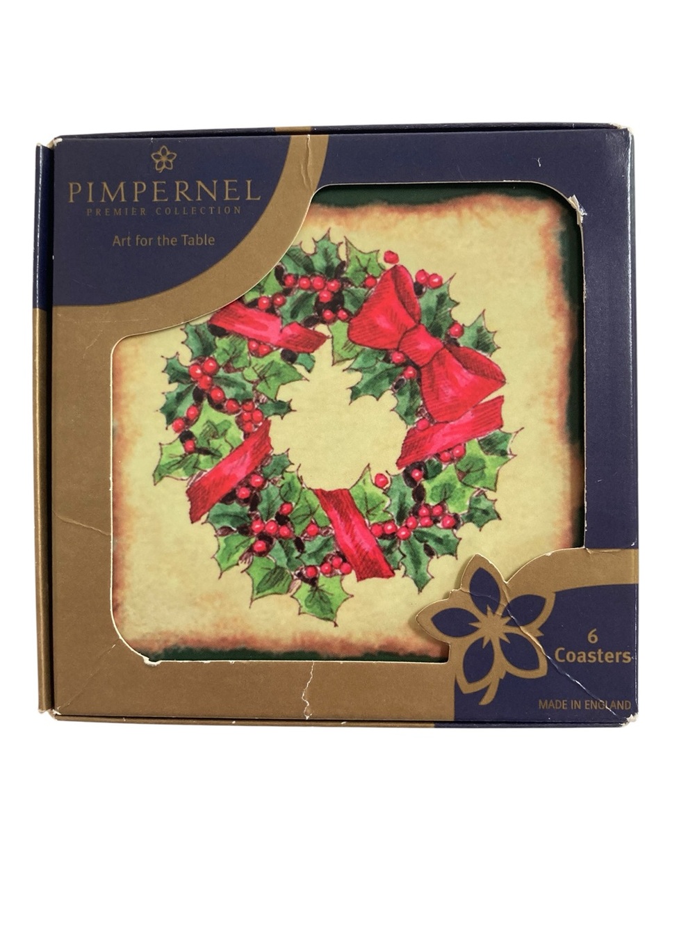 Pimpernel Coasters Set of 6 - Christmas Wreath 026‎ England Original Box.
